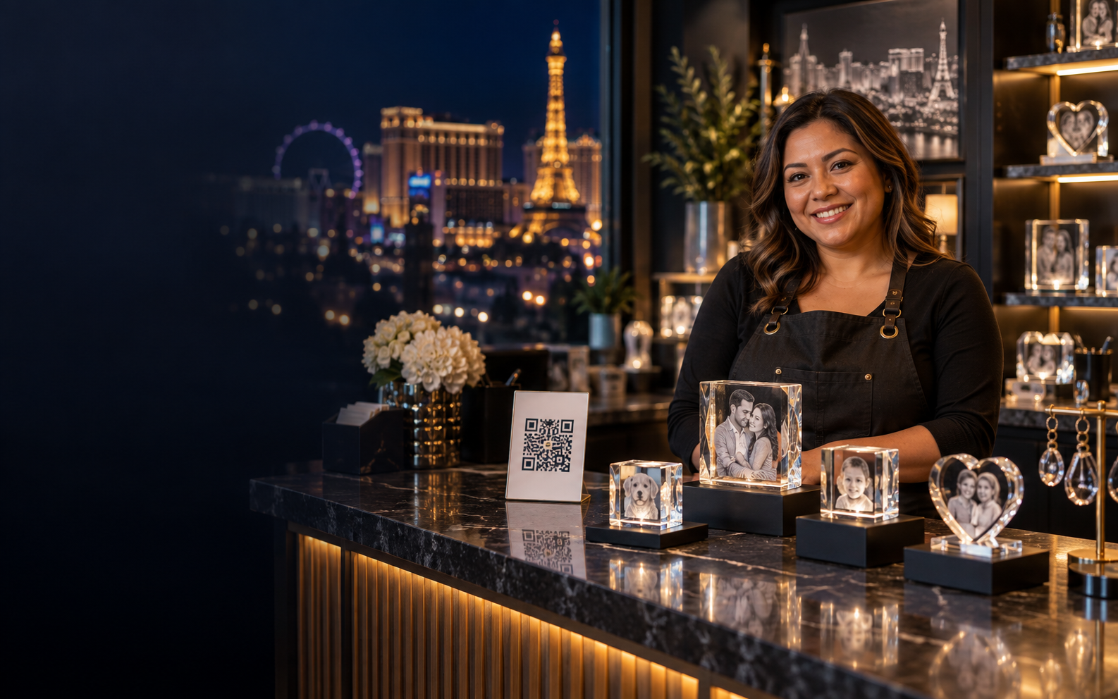 Gift shop owner sharing The 3D Crystal display with customers