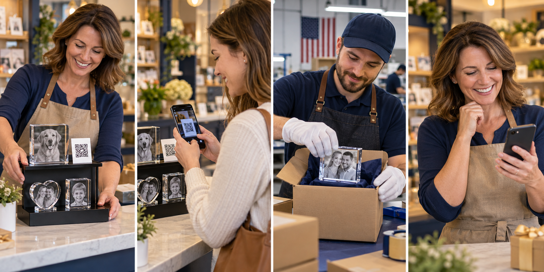A store representative presenting The 3D Crystal display while a customer scans the partner QR code